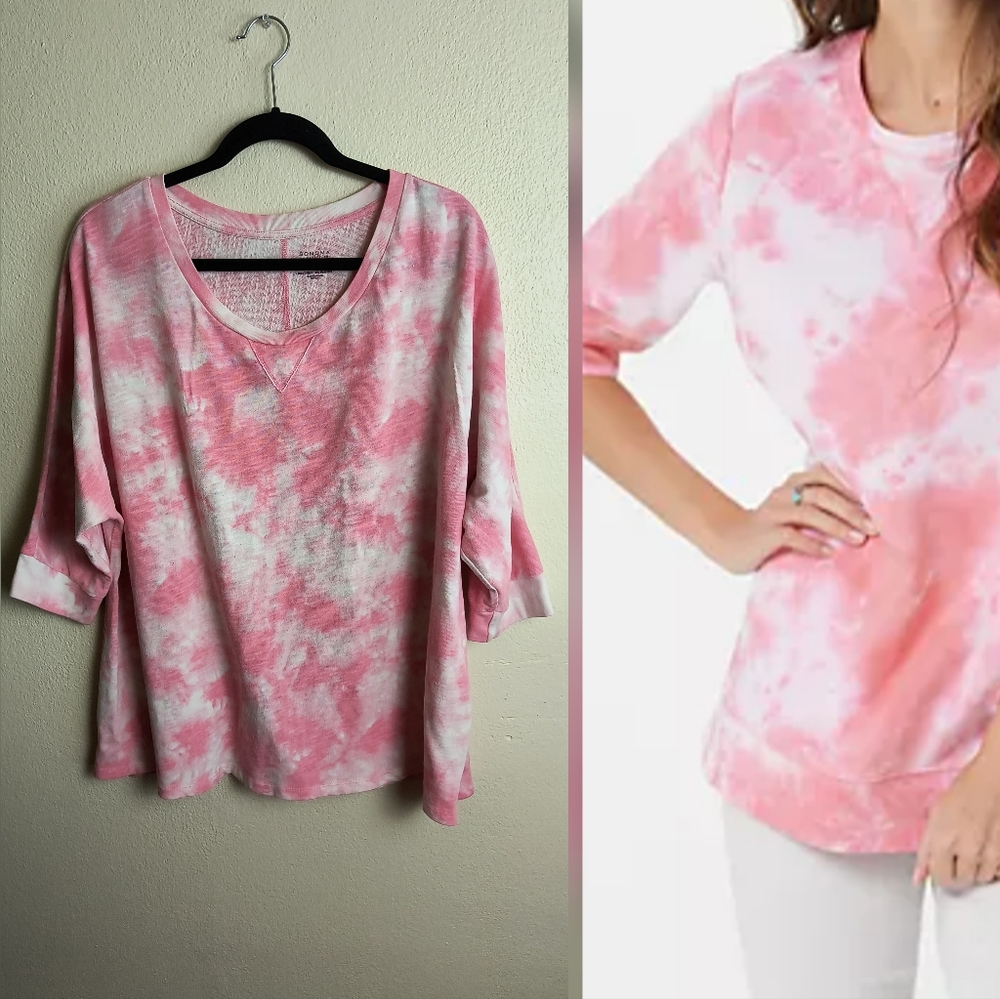 Women's 1X Boxy White and Pink Tie Dye T-Shirt Dolman Sleeve
